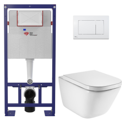 Pack WC bâti-support autoportant + WC suspendu sans bride avec abattant SoftClose + plaque blanche (STROGAWR01-U)
