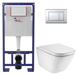 Pack WC bâti-support autoportant + WC suspendu sans bride avec abattant SoftClose + plaque blanche (STROGAWR01-U)