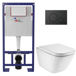 Swiss Aqua Technologies Pack WC bâti-support autoportant + WC suspendu sans bride avec abattant SoftClose + plaque noir mat (STROGAWR03-U)