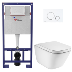 Pack WC bâti-support autoportant + WC suspendu sans bride avec abattant SoftClose + plaque blanche (STROGAWR01-U)