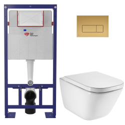 Pack WC bâti-support autoportant + WC suspendu sans bride avec abattant SoftClose + plaque blanche (STROGAWR01-U)