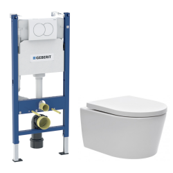 Geberit Duofix Pack WC bâti 112 cm + WC suspendu sans bride avec abattant SoftClose Swiss Aqua Technologies + plaque (GEBSTBRWR01MAN-FR)