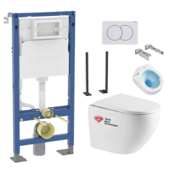 Geberit Pack Bati-support Geberit Duofix + WC sans bride Swiss Aqua Technologies + Plaque de commande Delta01 Blanche (FusionTQGebX)