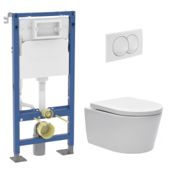 Geberit Duofix Pack WC bâti autoportant + WC sans bride + abattant SoftClose Swiss Aqua Technologies + plaque (GEBSTBRWR03MAN-FR)