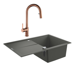 Grohe K400 Evier en quartz composite avec égouttoir réversible 780x500 mm + Ceramia Timeless mitigeur (G31639TML2BCP-SET)