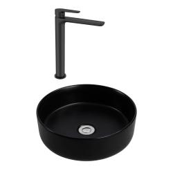 PixL 36x36x13,5 cm vasque à poser + Swiss Aqua Technologies Mood mitigeur lavabo XL + Ceramia bonde (CEPX36BKMSAT285C)