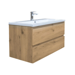 Swiss Aqua Technologies B-Way 99x50x45 cm meuble salle de bain suspendu 2 tiroirs avec lavabo en marbre coulé, chêne mat (BWAY2100OAKU)
