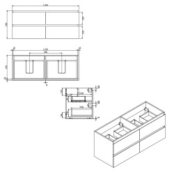 B-Way 119x50x45 cm meuble de salle de bain suspendu 2 tiroirs avec double vasque en marbre coulé, blanc brillant (BWAY2120WU)