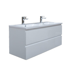 B-Way 119x50x45 cm meuble de salle de bain suspendu 2 tiroirs avec double vasque en marbre coulé, blanc brillant (BWAY2120WU)