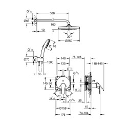 Pack Douche Complet – Paroi Walk-In 120x200 Chrome + Colonne Grohe Eurosmart 2 Jets + Receveur Marbre Coulé Blanc 120x80 (SAT120