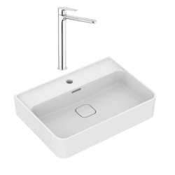Strada II lavabo 600x430 mm 1 trou + Swiss Aqua Technologies Mood mitigeur lavabo XL sans tirette, chrome (T300001SATBSM285)