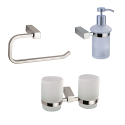 Multi set double pot à brosse à dent + distributeur de savon en verre dépoli + porte-serviettes, chrome (ELEMULTI-SET6)