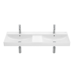 Ona 120x46x16 cm lavabo suspendu double vasque en céramique, 2 trous de robinetterie au milieu, sans siphon, blanc (A32768B000)