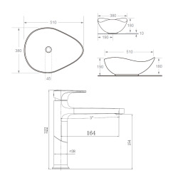 DARK mitigeur lavabo  XL, or brossé + Ceramia PixL 51x38x19 cm vasque à poser, sans trop-plein, blanc (SAT285PBZCEPX5038)