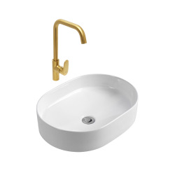 DARK mitigeur évier bras pivotant, or + Ceramia PixL 50x36,5x12 cm vasque à poser, sans trop-plein, blanc (SAT280LBZCEPX5037)