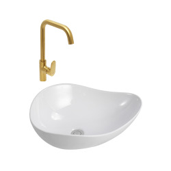 DARK mitigeur d'évier bras pivotant, or + Ceramia PixL 51x38x19 cm vasque à poser, sans trop-plein, blanc (SAT280LBZCEPX5038)