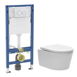 Pack WC bâti ECO 2L Swiss Aqua Technologies + cuvette suspendu sans bride Swiss Aqua Technologies + plaque or (STESTBRWR06-FR)