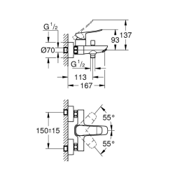  Dice mitigeur monocommande bain/douche mural à levier 150 mm, sans ensemble de douche, noir mat (1018722430)