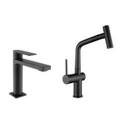 B-Way set mitigeur lavabo + mitigeur cuisine Ceramia Timeless acier inoxydable, douchette extractible, noir mat (SATTMLW271BM)