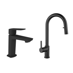 Feel set mitigeur lavabo + mitigeur cuisine Ceramia Timeless acier inoxydable, douchette extractible, noir mat (SATCSFTML271BMC)