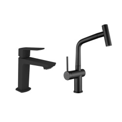 Feel set mitigeur lavabo + mitigeur cuisine Ceramia Timeless acier inoxydable, douchette extractible, noir mat (SATBM185C)