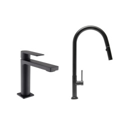 Set mitigeur lavabo + mitigeur monocommande cuisine avec douchette extractible 2 jets, noir mat (SATBSBW288C)