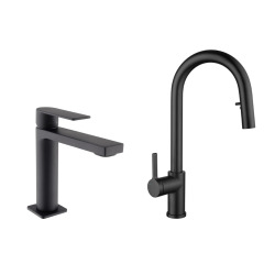 B-Way set mitigeur lavabo + mitigeur cuisine Ceramia Timeless acier inoxydable, douchette extractible, noir mat (SATTMLBM271)