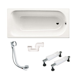 Eurowa 170x70x39 cm baignoire rectangulaire 178 L en acier émaillé + pieds + vidage + siphon, blanc alpin (KW312-SETP6)