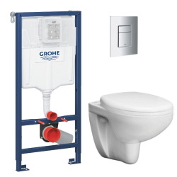 Pack WC Bâti support Grohe Rapid SL + Cuvette sans bride Grohe Bau Ceramic, Blanc + plaque de déclenchement: Chrome (39586000)