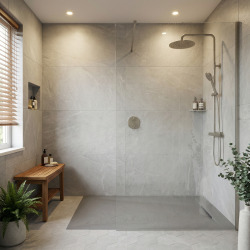 PixL 120x90 cm receveur de douche rectangulaire à poser en résine composite, surface effet pierre, gris clair (CERAPX12090LG)