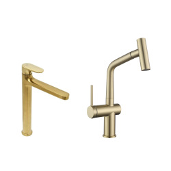 Dark set mitigeur lavabo XL + mitigeur cuisine Ceramia Timeless acier inoxydable, douchette extractible, or (SATTMLDA1285BG)