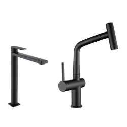B-Way set mitigeur lavabo XL + mitigeur cuisine Ceramia Timeless acier inoxydable, douchette extractible, noir mat (SATBW185BM)