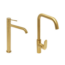 set mitigeur lavabo haut acier inoxydable + mitigeur cuisine avec bras pivotant, or brossé (SATBA280BG)