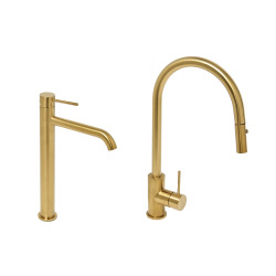 Aurum set mitigeur lavabo haut en acier inoxydable + mitigeur cuisine avec douchette extractible, or brossé (SATBA286BG)