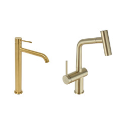 Aurum set mitigeur lavabo haut + mitigeur cuisine Ceramia Timeless acier inoxydable, douchette extractible, or  (SATBA185BG)