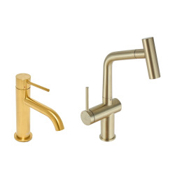 Aurum mitigeur lavabo + mitigeur cuisine Ceramia Timeless acier inoxydable, douchette extractible, or brossé (SATTMLBA185BG)