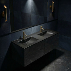 Modena 121x46x17,5 cm lavabo double vasque en céramique, 2 trous de robinetterie, avec trop-plein, noir mat (M12046BKM)