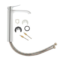 set mitigeur lavabo haut + mitigeur cuisine avec douchette extractible et bras pivotant, chrome (SATINFBSD285)