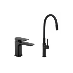 set mitigeur lavabo sans vidage + mitigeur cuisine, bec flexible, aérateur Neoperl®, noir mat (SATBSBDR271CM)