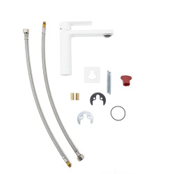 set mitigeur lavabo à levier sans vidage + mitigeur cuisine bec flexible, aérateur Neoperl®, blanc (SATBSD271B)