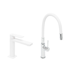 set mitigeur lavabo à levier sans vidage + mitigeur cuisine bec flexible, aérateur Neoperl®, blanc (SATBSD271B)