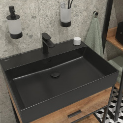 set mitigeur lavabo à levier sans tirette + mitigeur cuisine avec douchette extractible 2 jets, noir mat (SATBSD2OD271C)