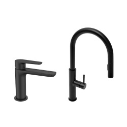 set mitigeur lavabo à levier sans tirette + mitigeur cuisine avec douchette extractible 2 jets, noir mat (SATBSD2OD271C)