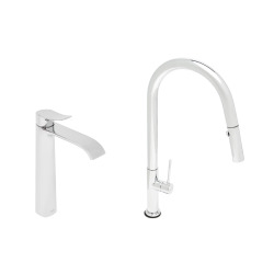 set mitigeur lavabo haut + mitigeur cuisine avec douchette extractible et bras pivotant, chrome (SATINFBSD285)