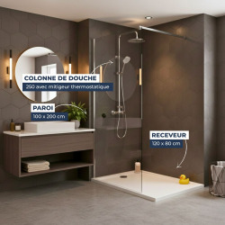 Pack Douche Complet – Paroi Walk-In 100x200 Chrome + Colonne SAT 3 Jets + Receveur Marbre Coulé Blanc 120x80 (SAT100C7PR128W)