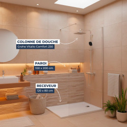 Pack Douche Complet – Paroi Walk-In 100x200 Chrome + Colonne Grohe Vitalio 2 Jets + Receveur Marbre Coulé Blanc 120x80 (SAT100C8