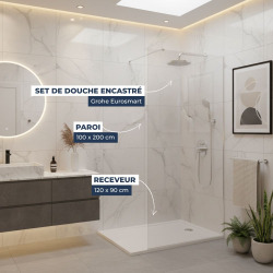 Pack Douche Complet – Paroi Walk-In 100x200 Chrome + Colonne Grohe Eurosmart 2 Jets + Receveur Marbre Coulé Blanc 120x90 (SAT100