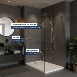 Pack Douche Complet – Paroi Walk-In 120x200 Chrome + Colonne SAT 3 Jets + Receveur Marbre Coulé Blanc 120x80 (SAT120C7PR128W)
