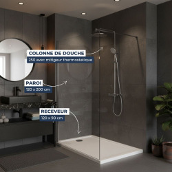 Pack Douche Complet – Paroi Walk-In 120x200 Chrome + Colonne SAT 3 Jets + Receveur Marbre Coulé Blanc 120x90 (SAT120C7PR129W)