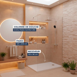 Pack Douche Complet – Paroi Walk-In 120x200 Chrome + Colonne Grohe Vitalio 2 Jets + Receveur Marbre Coulé Blanc 120x90 (SAT120C8